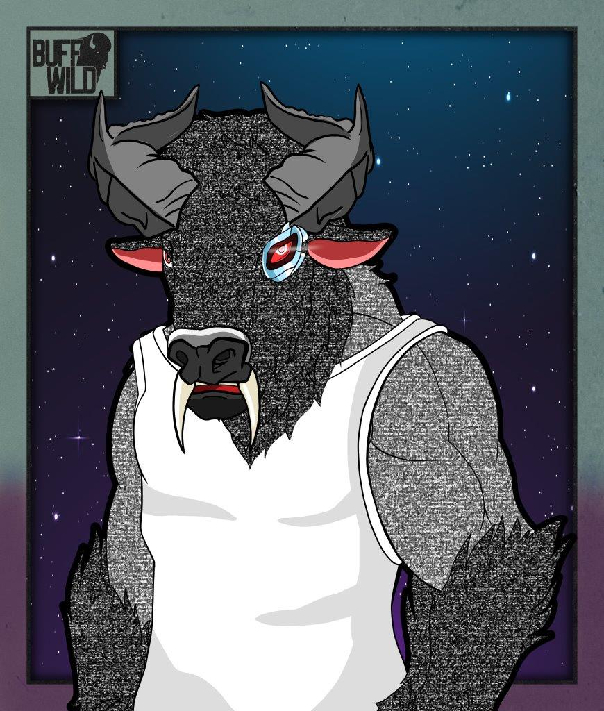 Static Noise Buffalo with demon horns, a cyborg eye, and sabertooth fang tusks